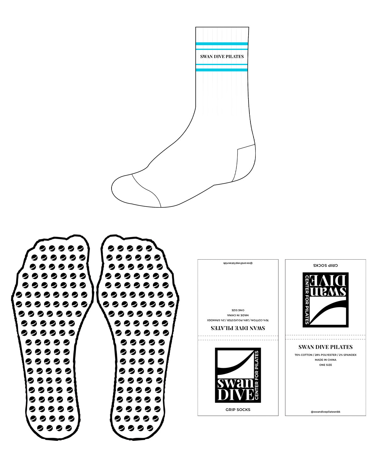 The Crew Sock - White - Swan Dive - 4 Lines - Center - Full Color - Black Grip