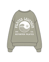 The Womens Heavy Crewneck - Eucalyptus - Pilates Leucadia - Left Chest & Back - White