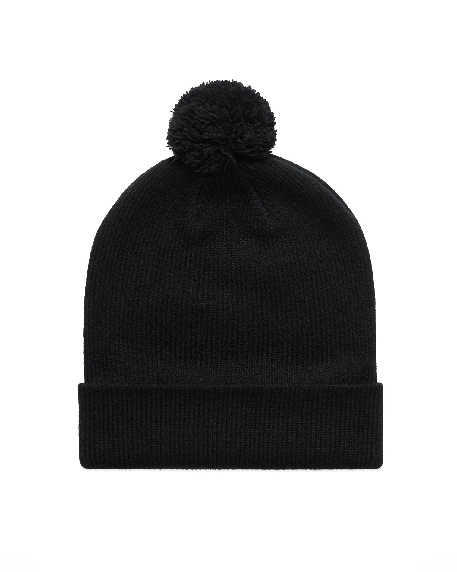 The Pom Pom Beanie - Black - Reform Studios - Left Side Corner Brim - Embroidered - White
