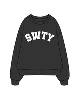 The Womens Crewneck - Washed Black - SWTY - Varsity Logo - White