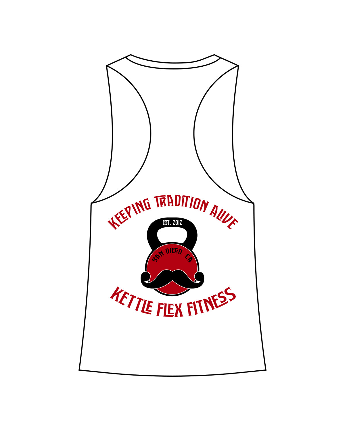 The Womens Racerback Tank - White - Kettleflex - Mustache - Full Color
