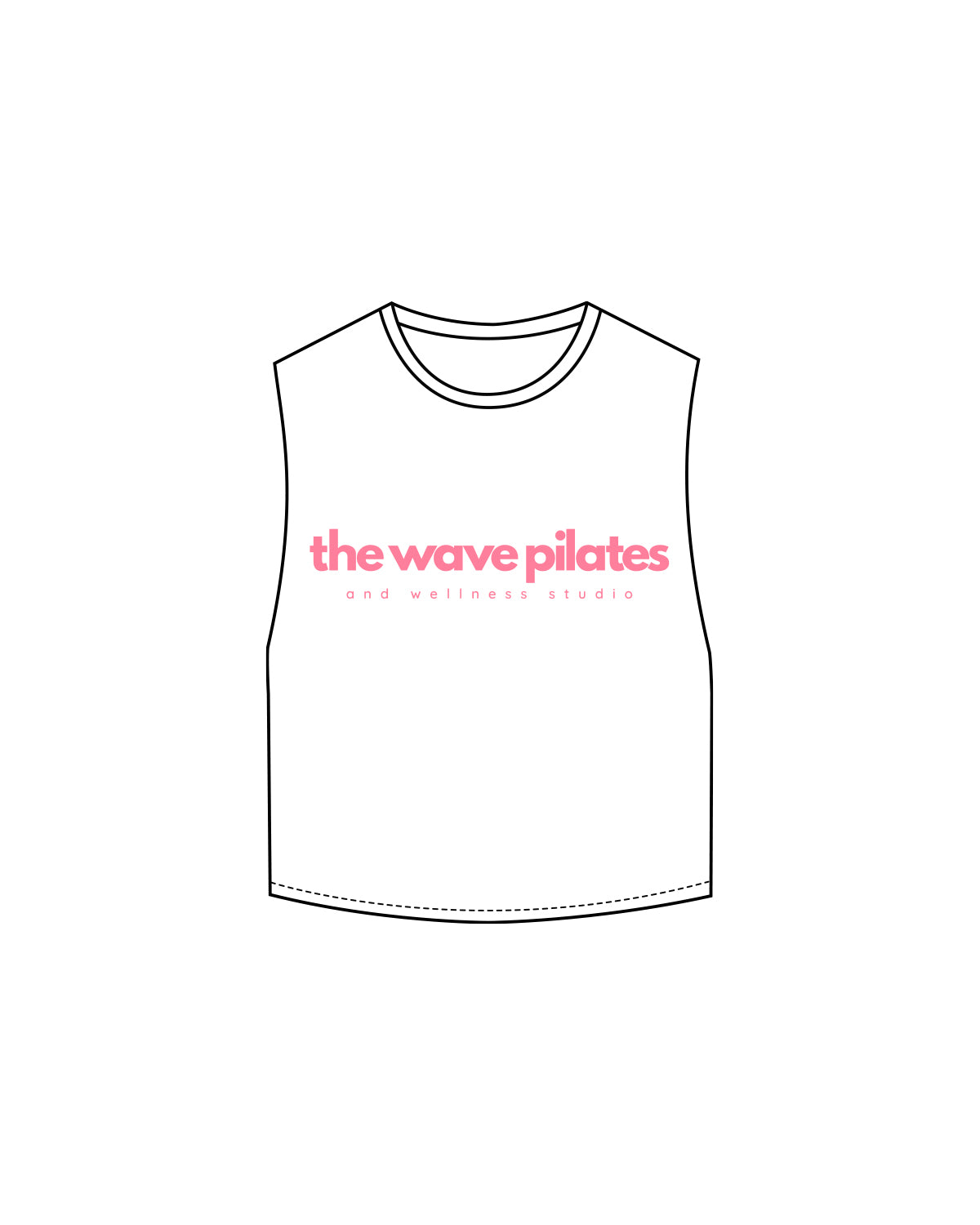The Crop Muscle Tank - White - Wave Pilates - Full Written Logo - Bubblegum Pink