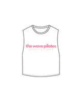The Crop Muscle Tank - White - Wave Pilates - Full Written Logo - Bubblegum Pink