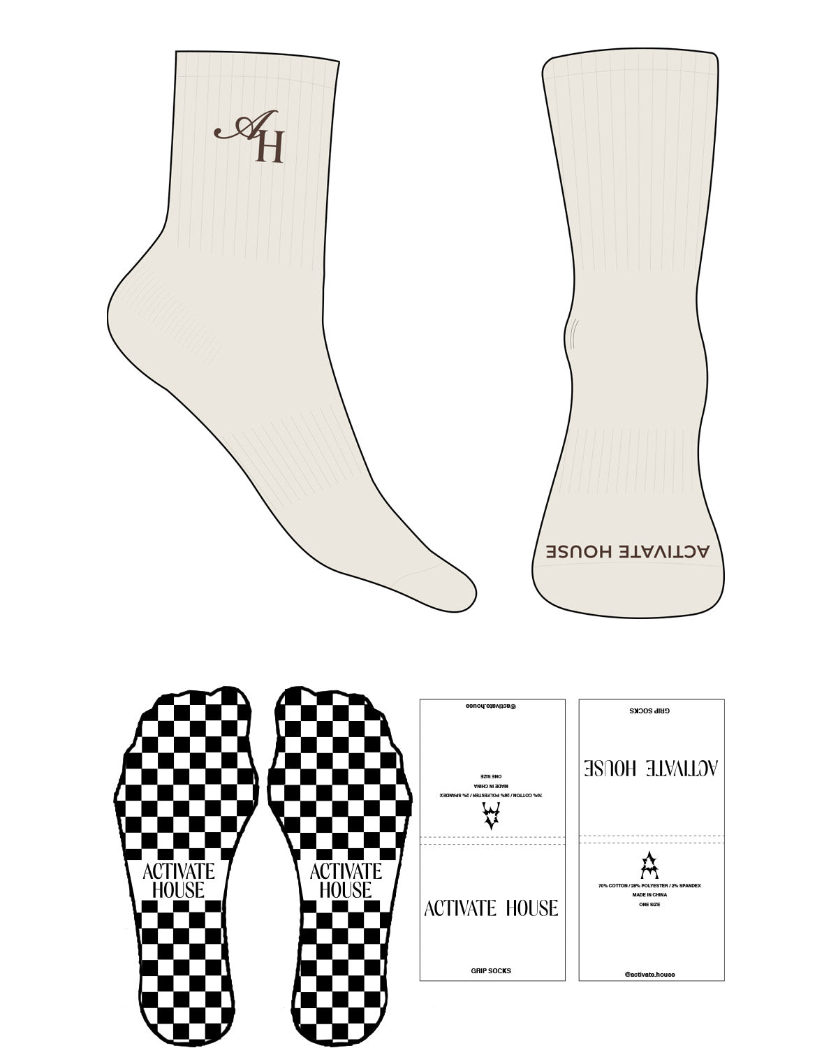 The 3/4 Crew Sock - Off White - Activate House - Top & Toe Logo - Embroidered - Brown - Square Grip - Transparent