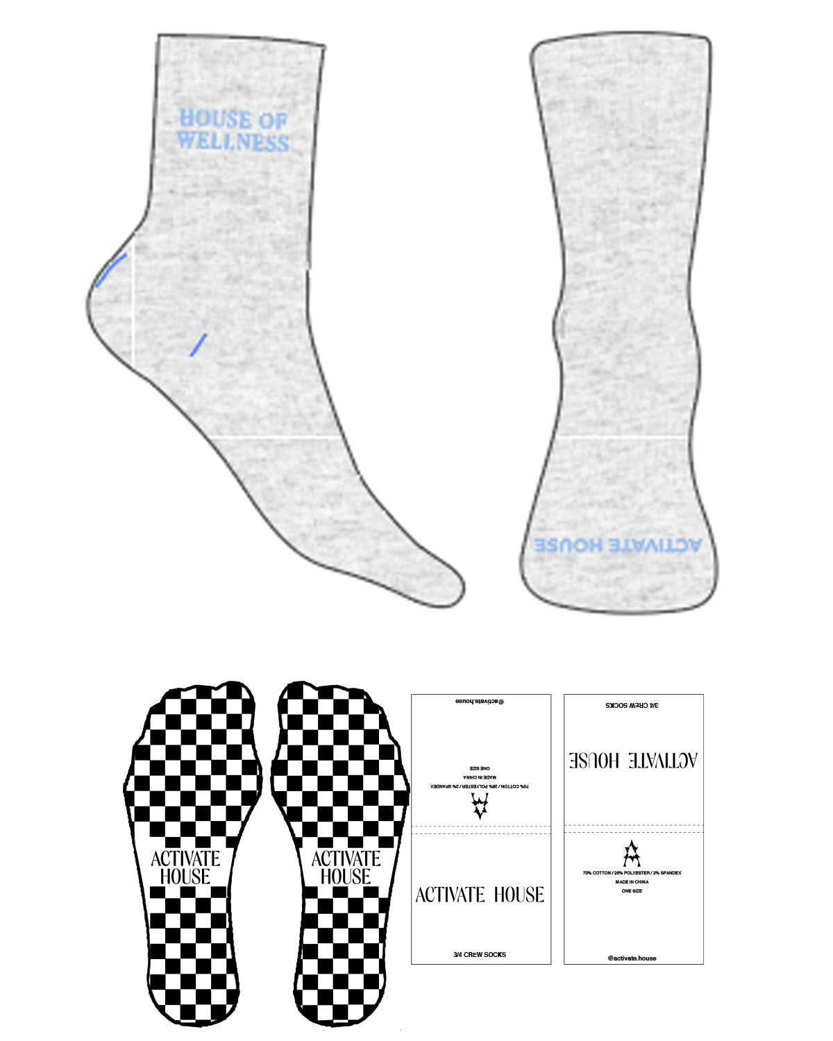 The 3/4 Crew Sock - White Heather - Activate House - Top Logo Embroidered Blue - Toe Logo Blue