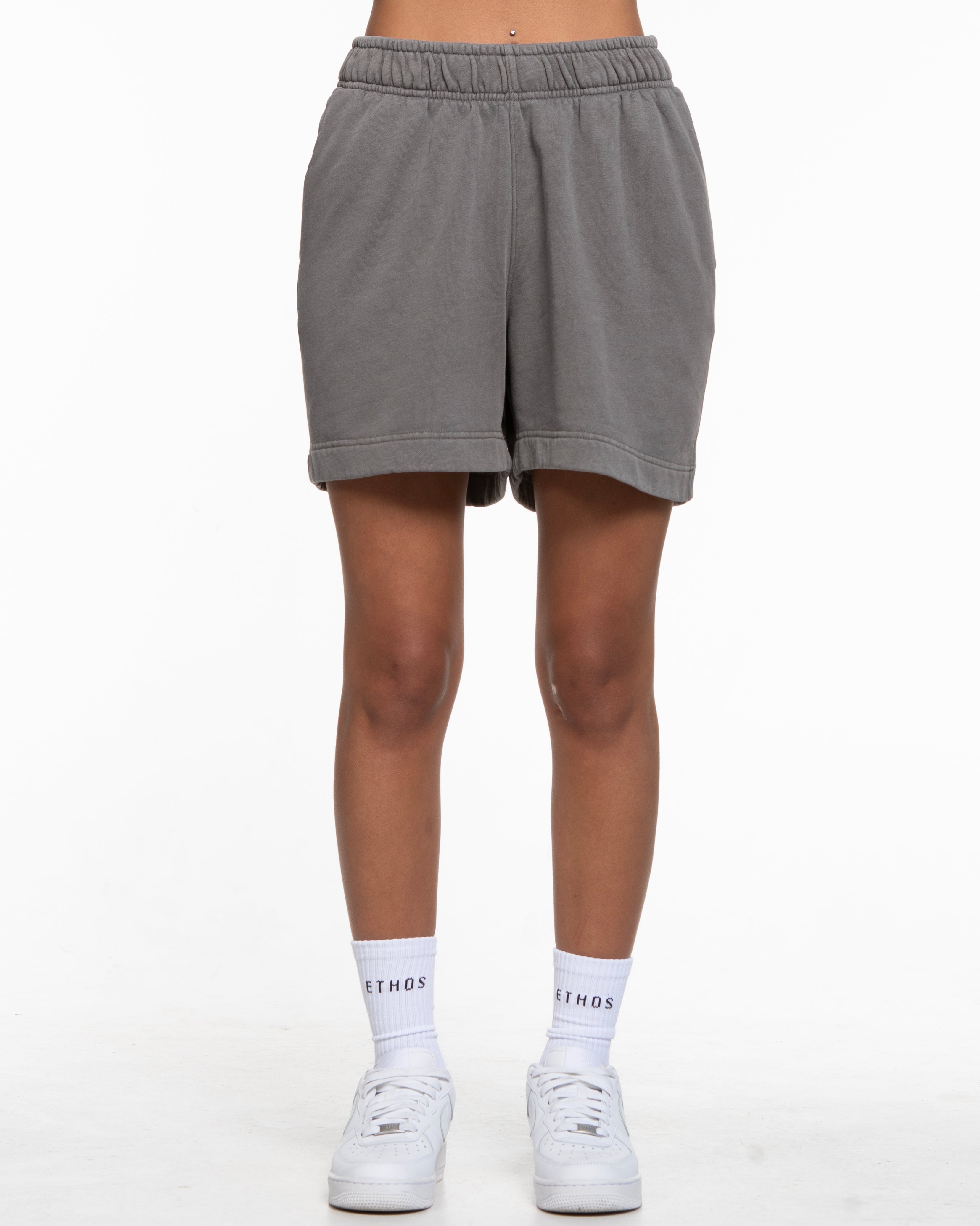 The Mens Sweat Shorts - Washed Gray - Core Reform - Left Leg - Printed - Tone on Tone
