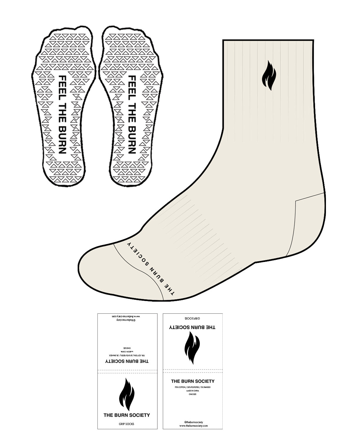 The 3/4 Crew Sock - Off White - The Burn Society - Top Logo & Bottom Center Toes - Black