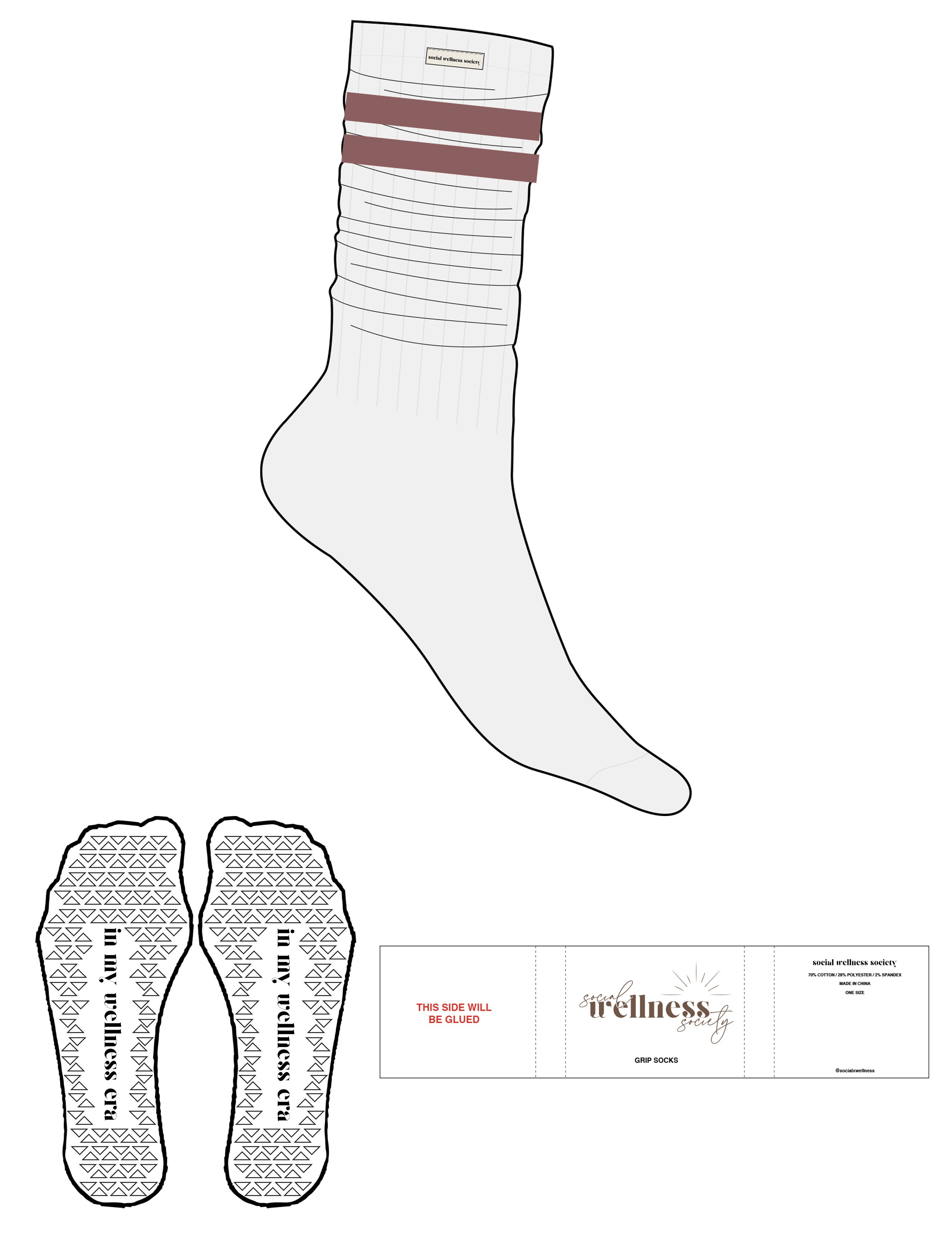 The Slouch Sock - White Heather - SWS - Sew On Logo - Dust Rose Stripes - Triangle Grip - Dust Rose