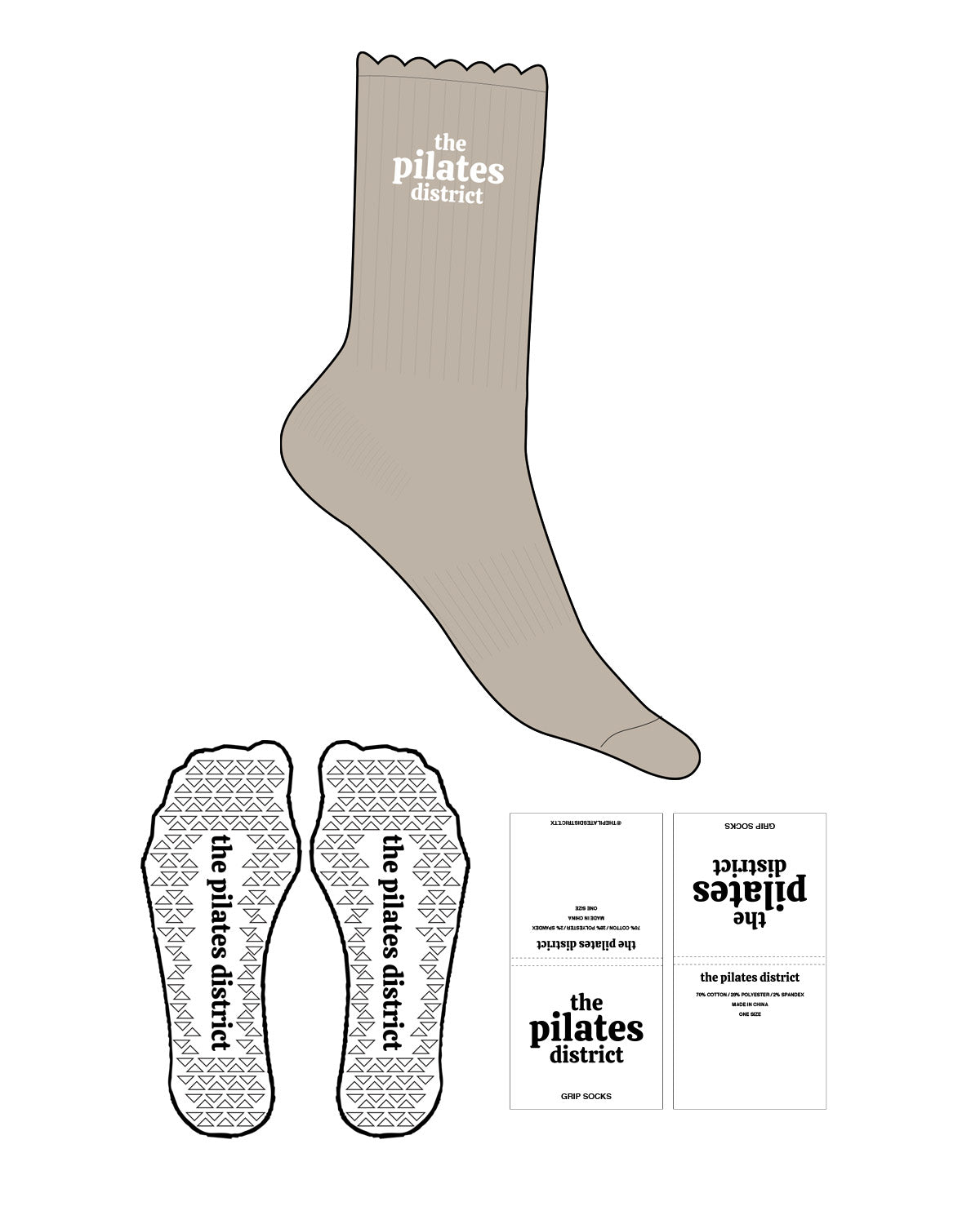 The Crew Sock - Tan - THE PILATES DISTRICT - Top Logo Stacked - White - Triangle Shape Grip - White