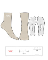 The 3/4 Crew Sock - Sand - Forma Haus - Top Ankle Text Stacked - Embroidered - Heart Shape Grip - Transparent