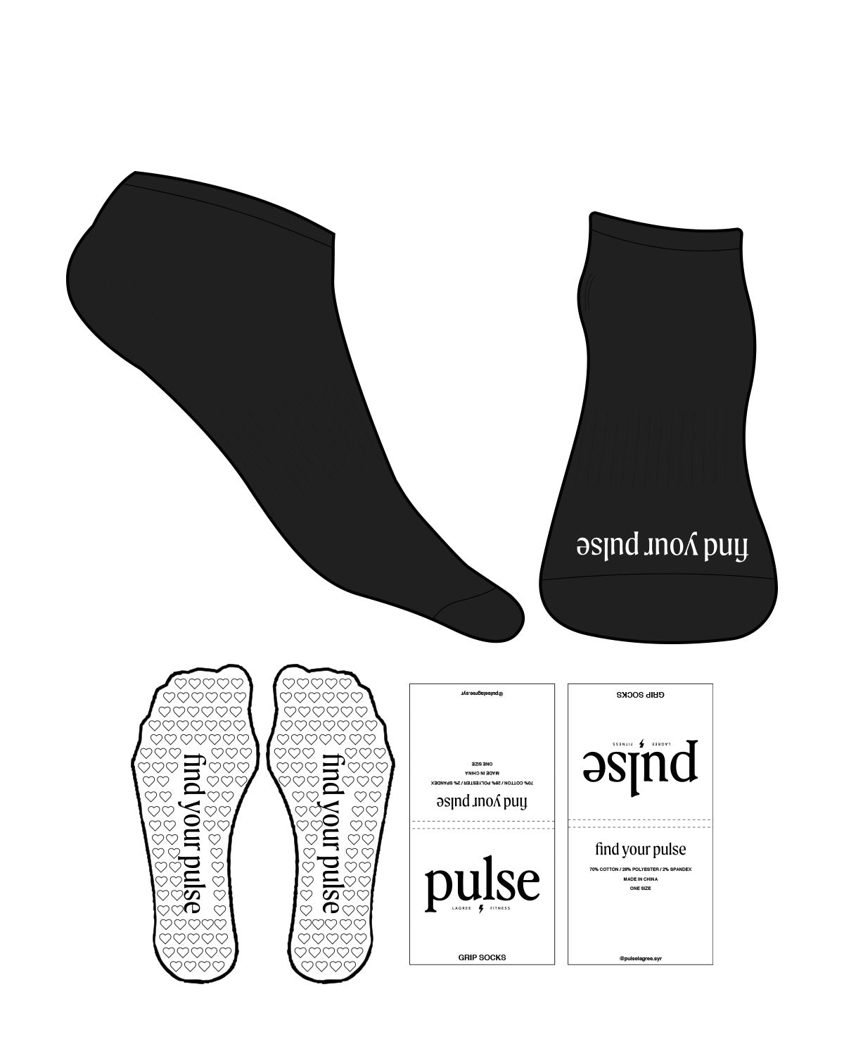 The Ankle Sock - Black - Pulse Lagree Fitness - Front Logo - White - Heart Shape Grip - White