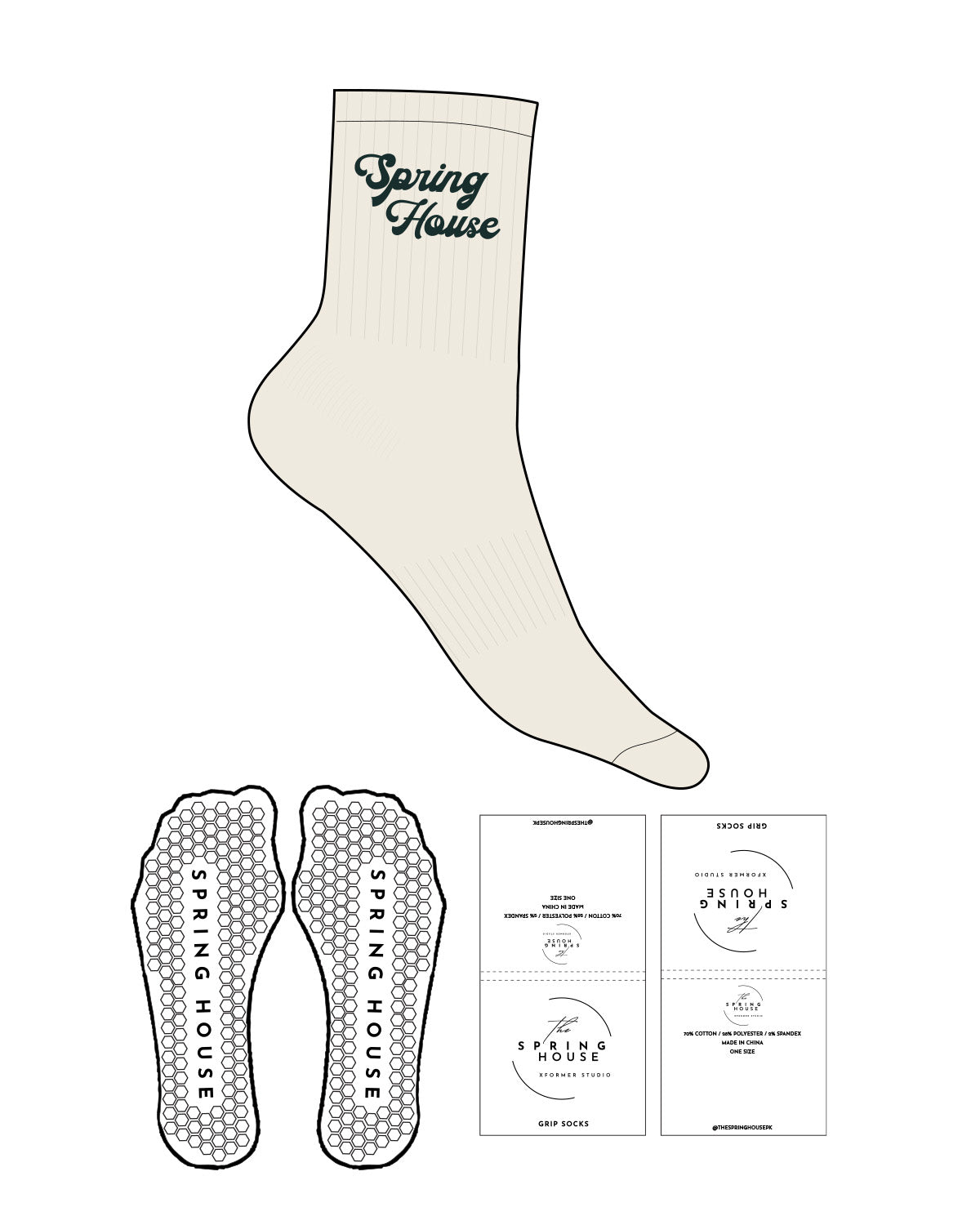 The 3/4 Crew Sock - Off White - Spring House - "Spring House" Logo - Pine Green - Grip - Transparent