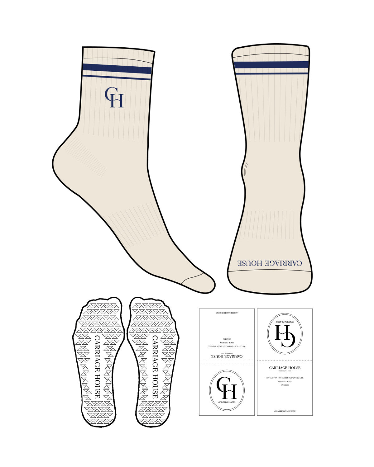 The 3/4 Crew Sock - Off White - Carriage House - 2 Strips - Top & Front Logo - Navy Blue - Triangle Shape Grip - Transparent