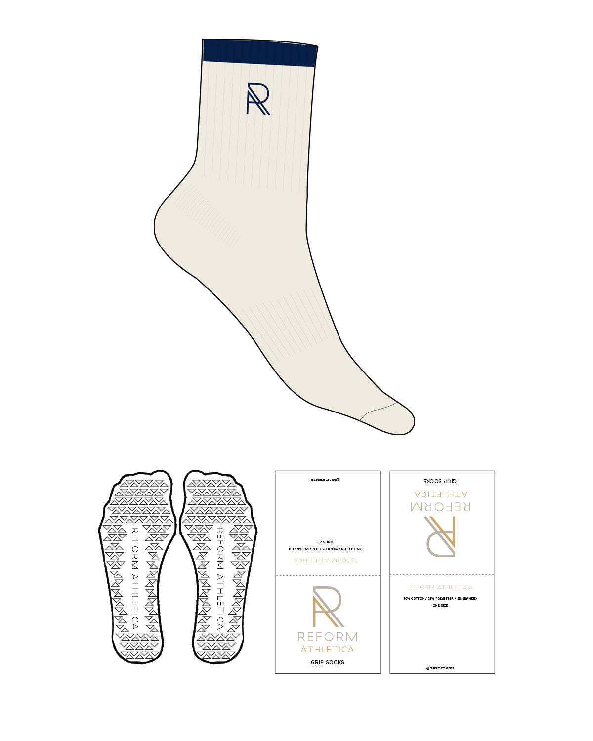 The 3/4 Crew Sock - Off White - Reform Athletica - Ankle "R" - Embroidered - Navy - Triangle Shape Grip - Transparent