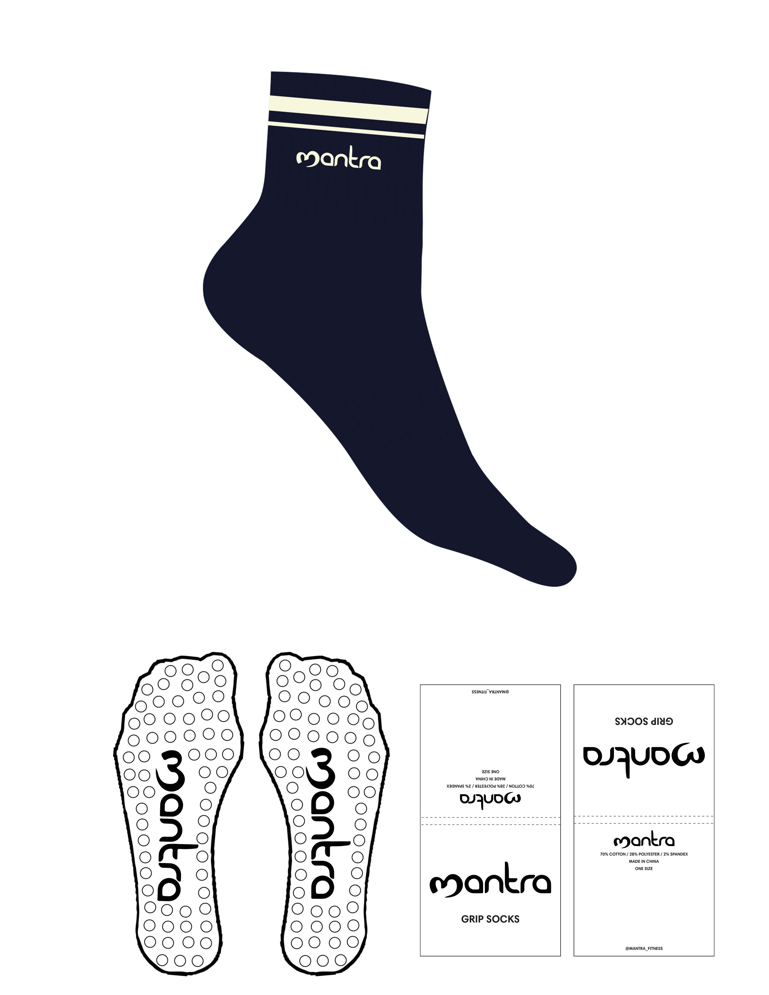 The 1/2 Crew Sock - Navy - Mantra - 2 Stripes Printed - Top Logo Embroidered - Butter - Circle Grip - Transparent