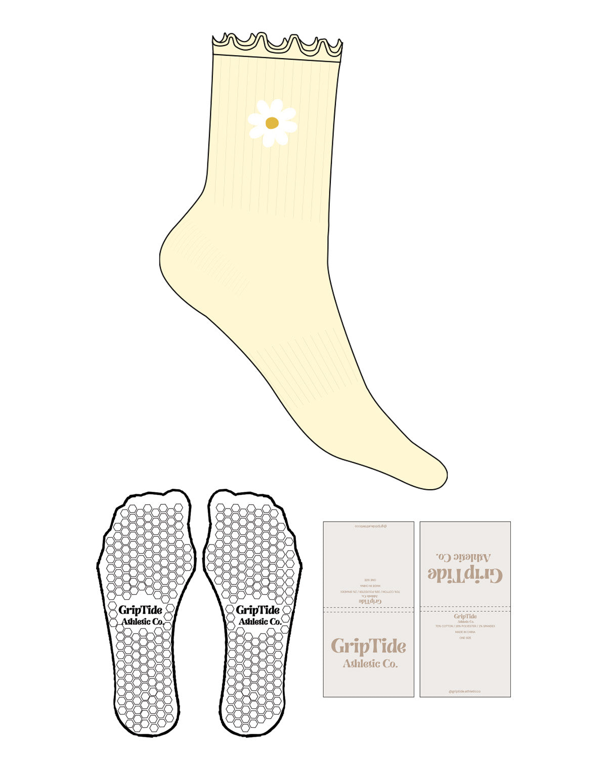 The 3/4 Crew Sock - Buttercream - GripTide - Flower - EMB - Hexagon Grip - White