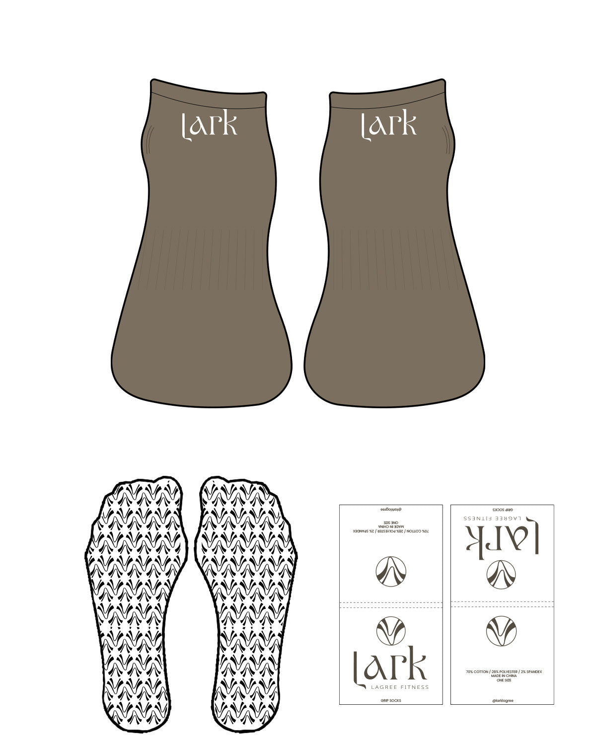 The Ballet Sock - Mocha - Pure Movement LARK - Back Logo - Almond Milk - Icon Grip - Transparent