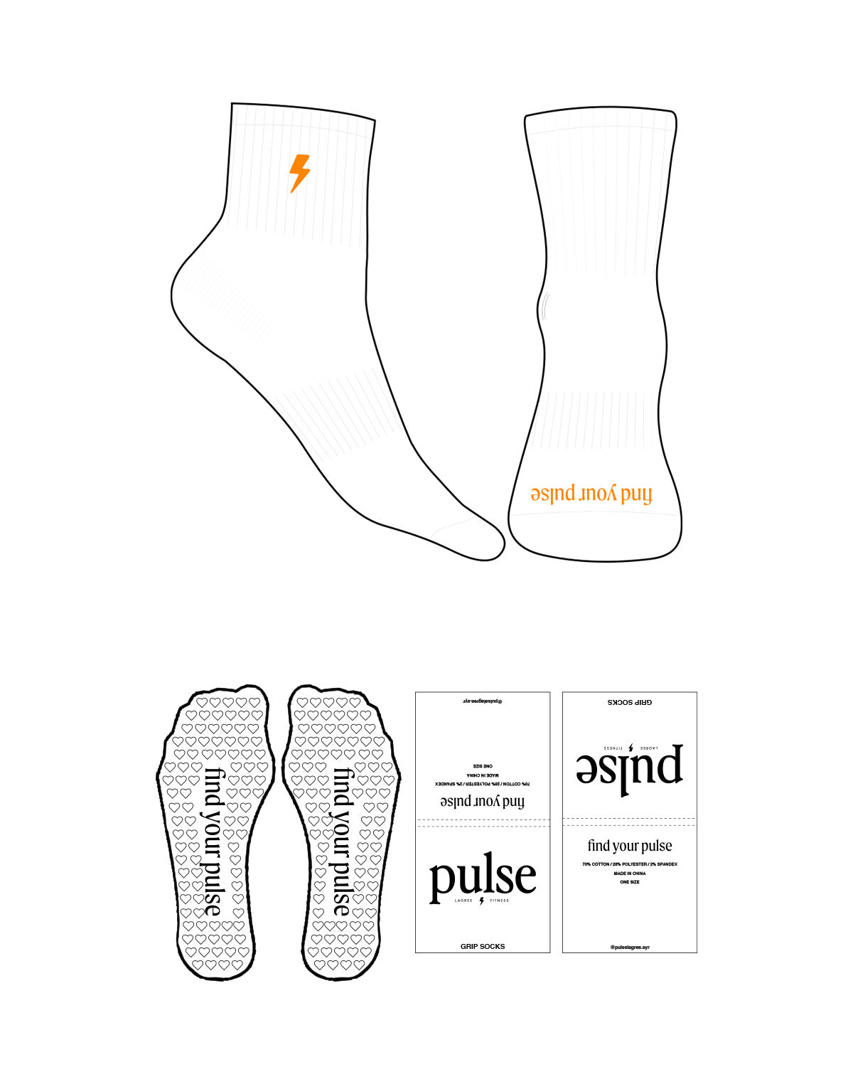 The 1/2 Crew Sock - White - Pulse Lagree Fitness - Top Embroidered & Front Logo - Orange - Heart Shape Grip - Transparent