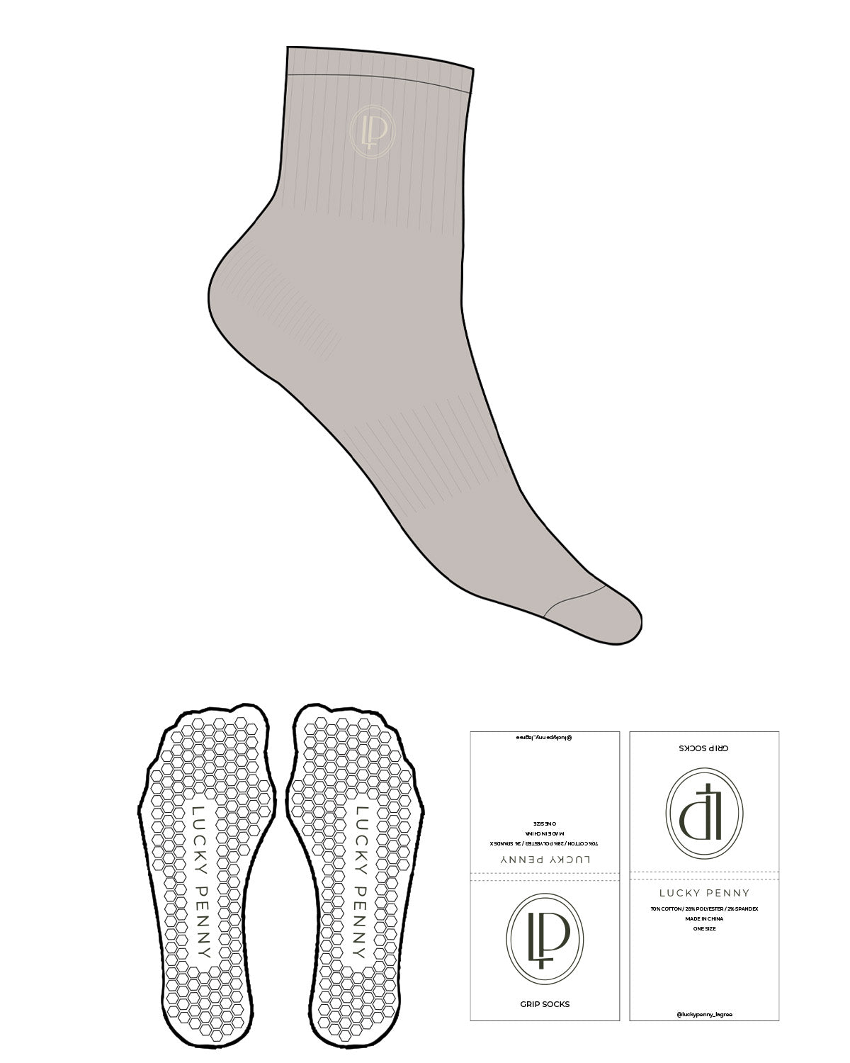 The 1/2 Crew Sock - Oat Milk - Lucky Penny - Top Logo - Embroidered - Off White - Hexagon Shape Grip - Transparent