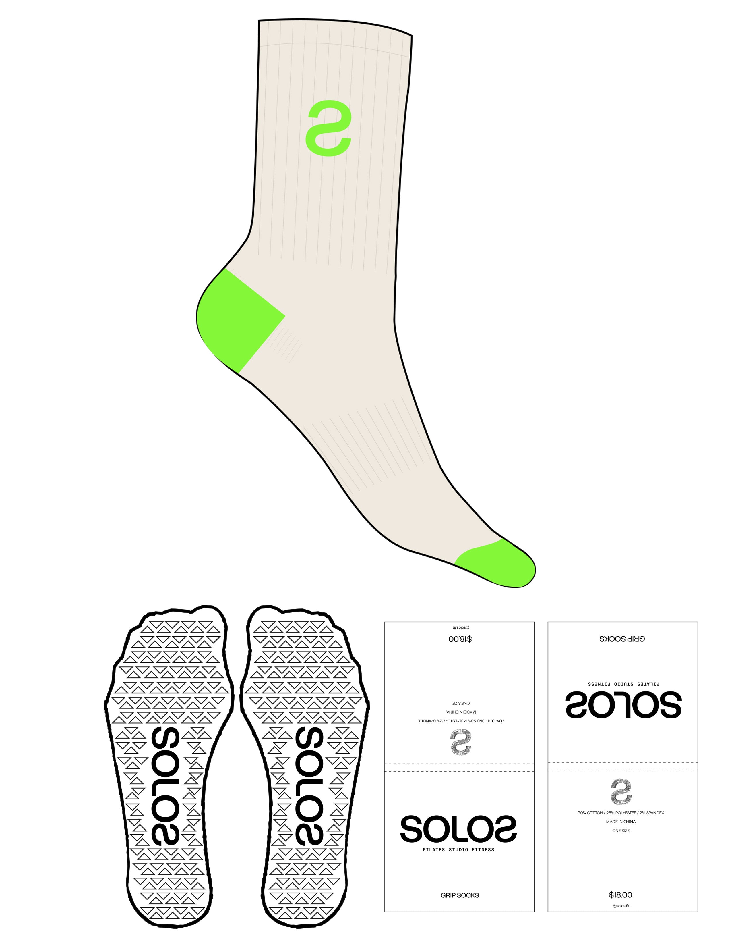 The 3/4 Crew Sock - Off White - Top Logo Inverted "S" - Neon Green - Triangle Shape Grip - Translucent