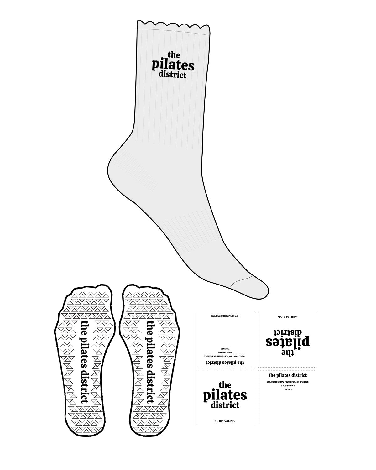 The Crew Sock - Heather - THE PILATES DISTRICT - Top Logo Stacked - Black - Triangle Shape Grip - Translucent
