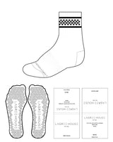 The 3/4 Crew Sock - White - Lagree House - Top Checkered & Bottom Text - Black - Triangle Shape Grip - Black