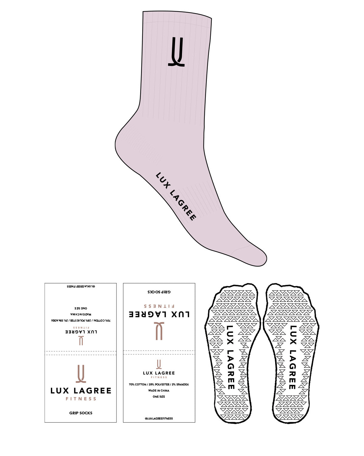 The Crew Sock - Mauve L202 - Lux Lagree - Top & Sole Logo - Black - Triangle Shape Grip - Black