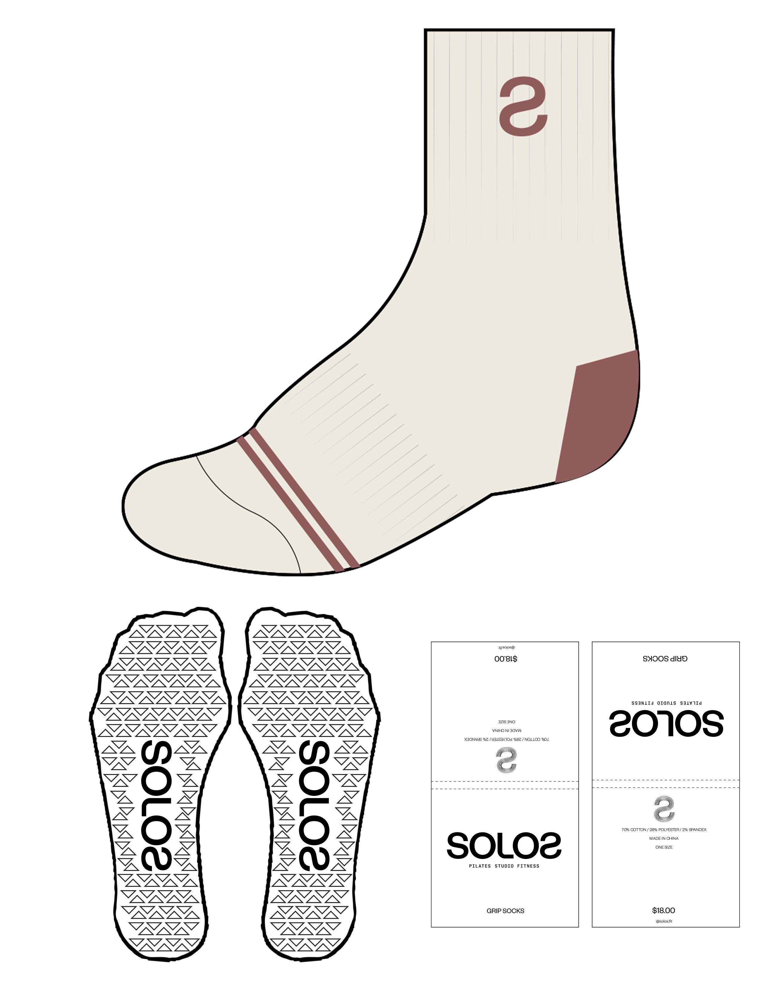 The 3/ 4 Crew Sock  - Off White - Solos Pilates - Top S - Bottom Border - Maroon - Triangle Grip - Transparent
