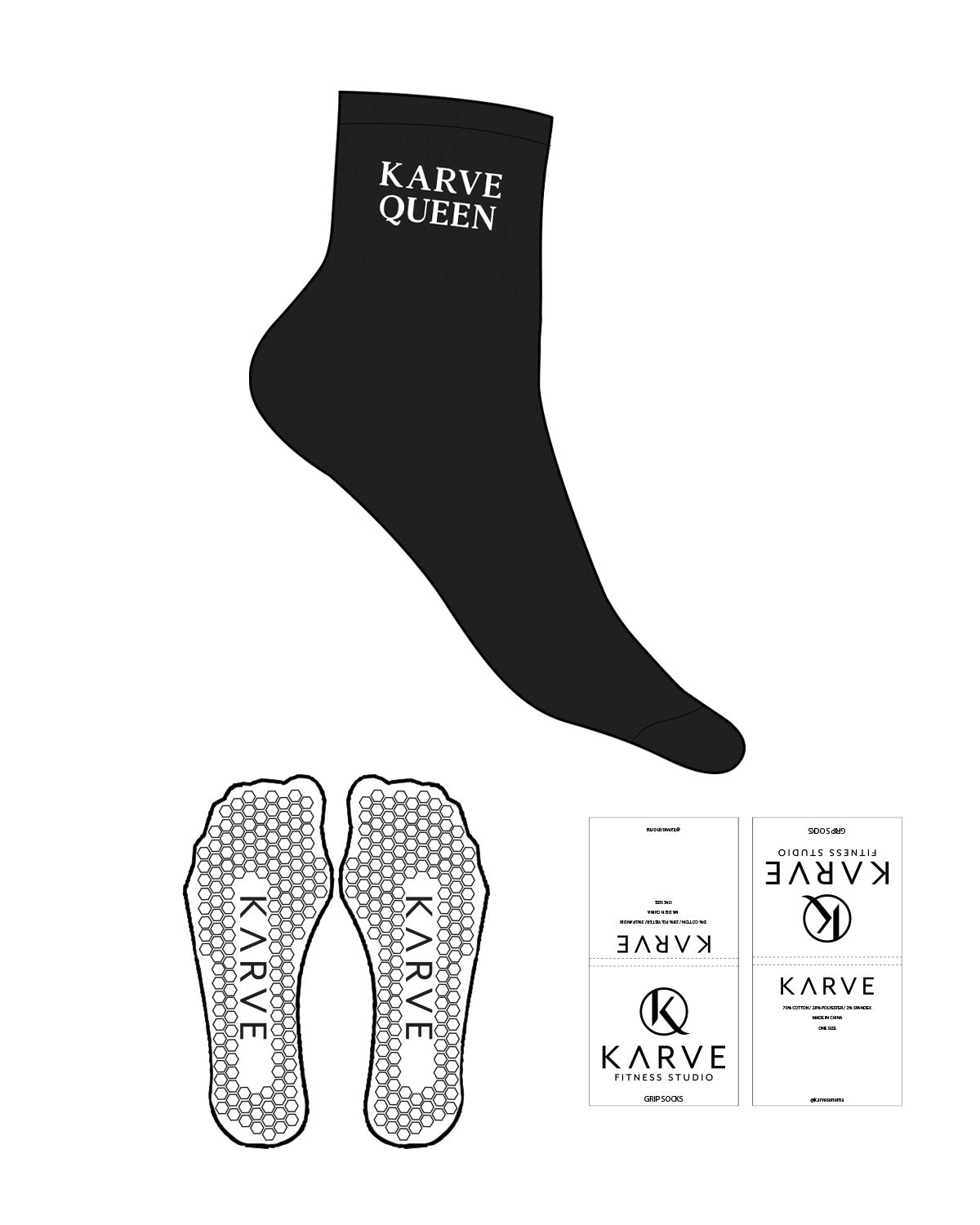 The 1/2 Crew Sock - Black - Karve - Top Logo "KARVE QUEEN" - Printed - White - Hexagon Grip - White