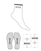 The 3/4 Scallop Crew Sock - White - Revolve Pilates - Top Scallop - Top Logo - Charcoal - Triangle Shape Grip - Transparent