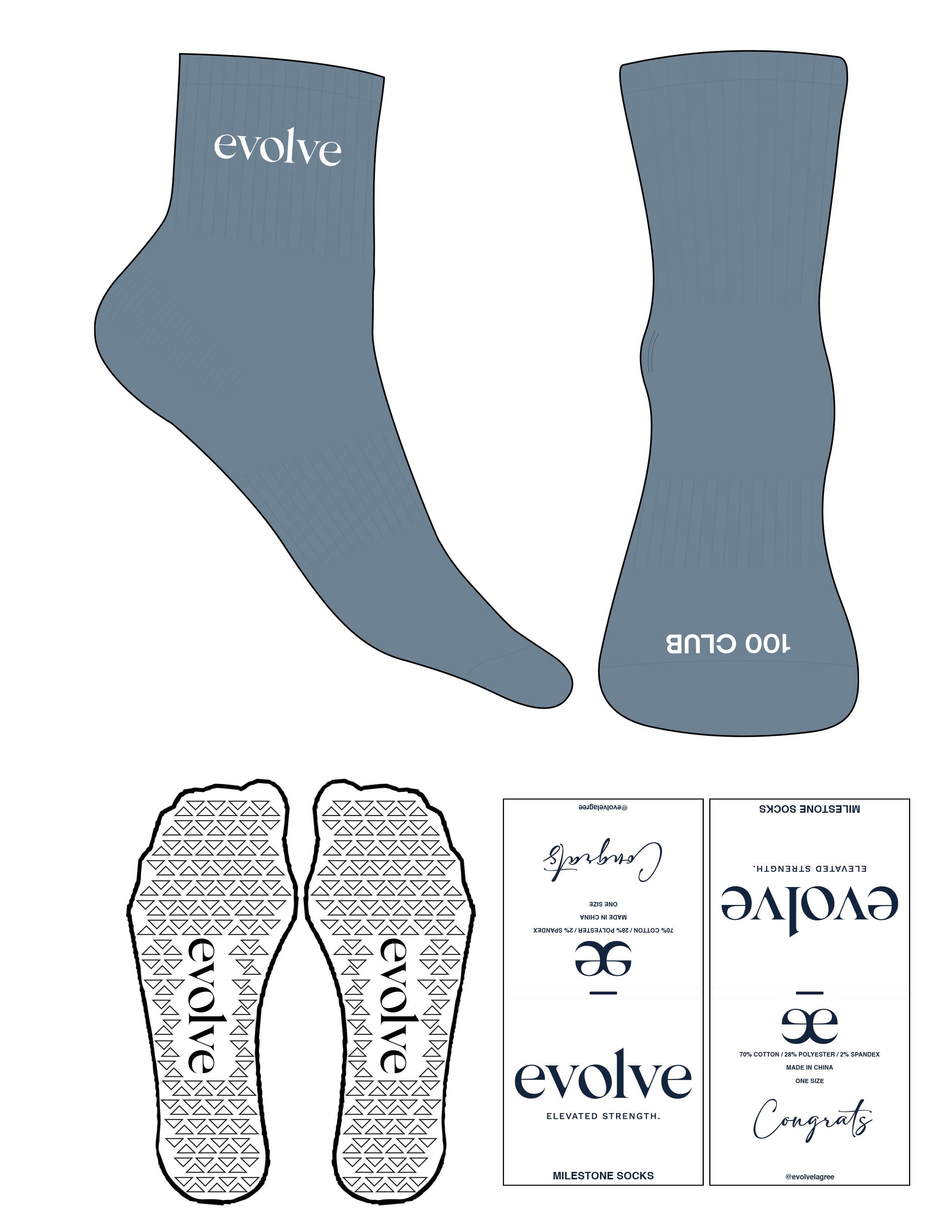 The 1/2 Crew Sock - Washed Lagoon - Evolve Lagree - Top Embroidered - Toe Logo - White - Triangle Grip - White