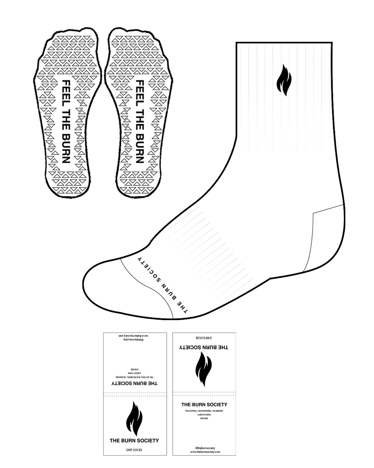 The 3/4 Crew Sock - White - The Burn Society - Top Logo & Bottom Center Toes - Black
