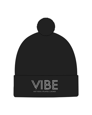 The Pom Pom Beanie - Black - Vibe Hot Yoga & Pilates - Center Brim Stacked - Embroidered - White