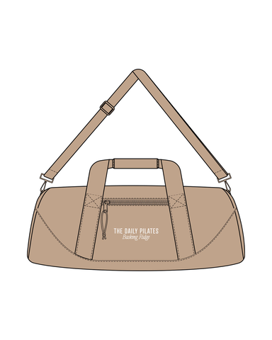 The Gym Duffel - Tan - DailyPilates - Center Stacked - Printed - White