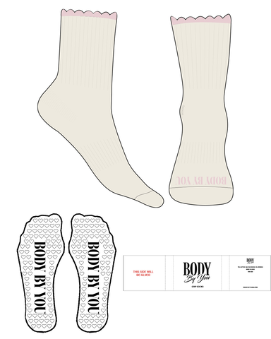 The 3/4 Crew Sock - Off White - Body By You - Toe Logo - Pink - Heart Shape Grip - Transparent