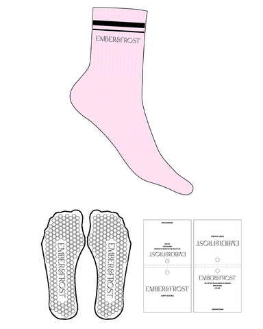 The 3/4 Crew Sock - Baby Pink - Ember & Frost - Top Logo - 2 Stripes - Printed - Black - Hexagon Shape Grip - Black