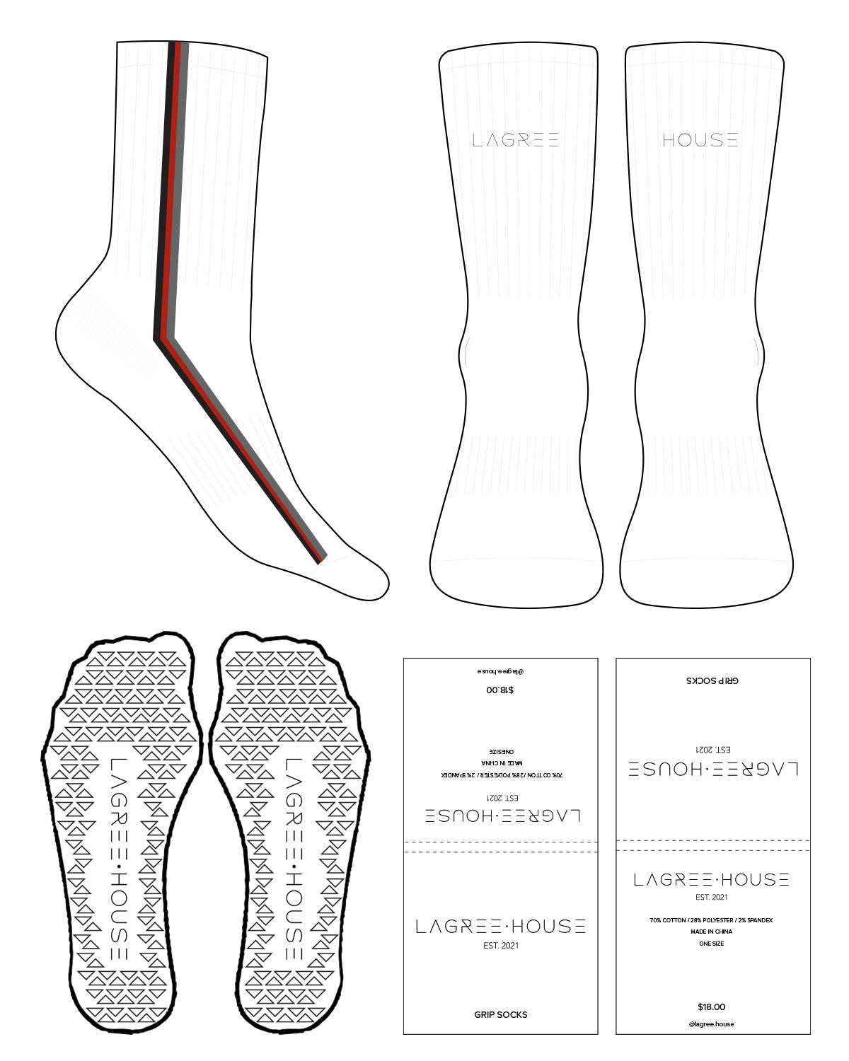 The Crew Sock - White - Lagree House - 3 "L Shape" Line - Side Corner - Front Text - Full Color - Triangle Shape Grip - White