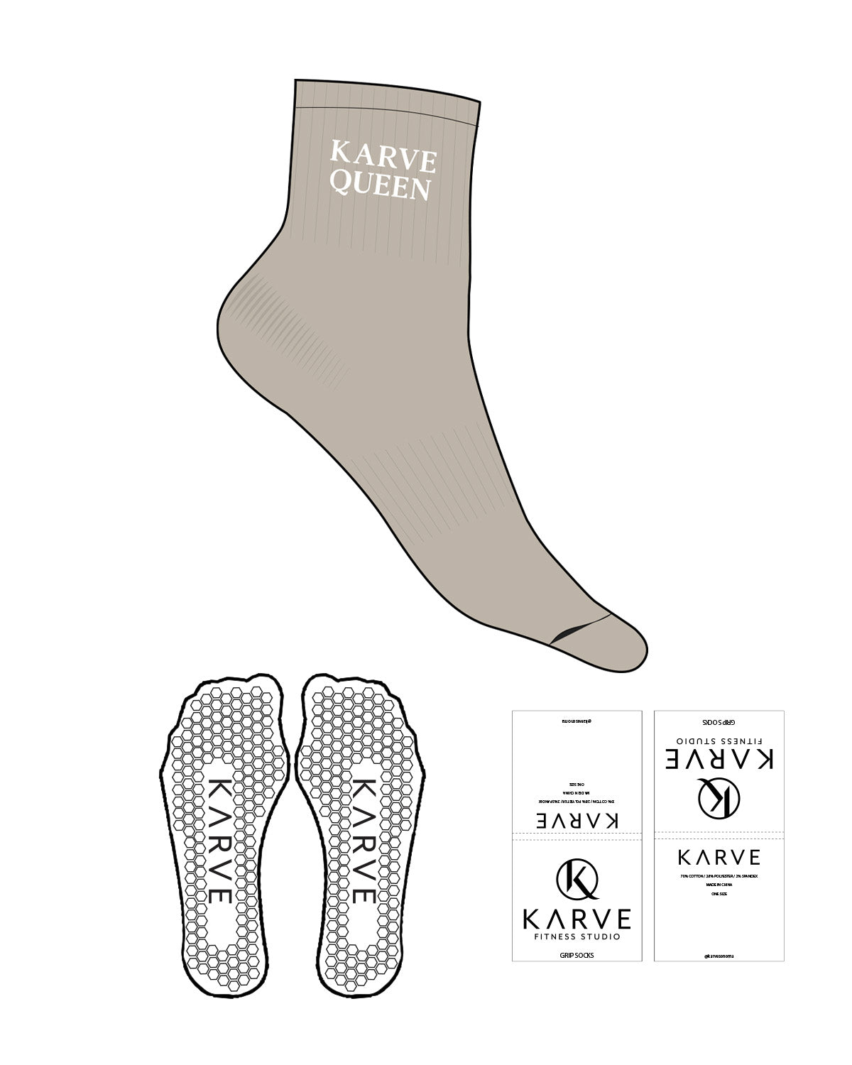 The 1/2 Crew Sock - Tan - Karve - Top Logo "KARVE QUEEN" - Printed - White - Hexagon Grip - White