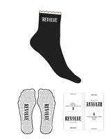 The 3/4 Scallop Crew Sock - Black - Revolve Pilates - Top Scallop - Top Logo - Off White - Triangle Shape Grip - Transparent