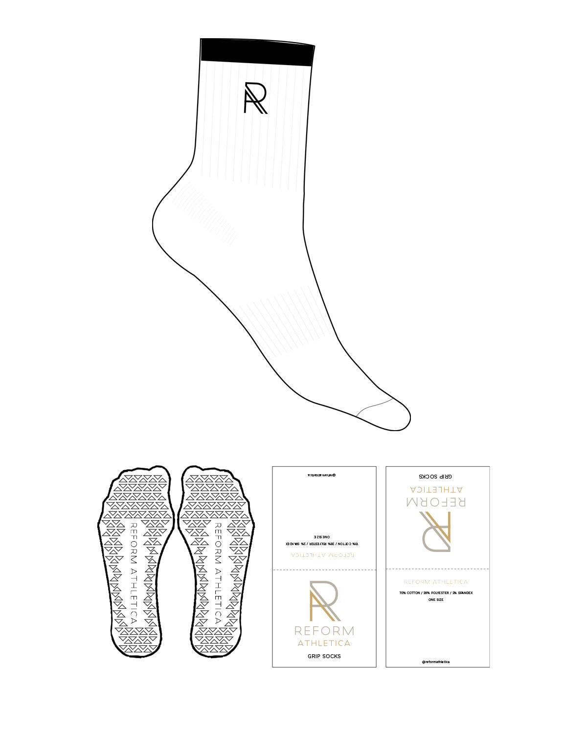 The 3/4 Crew Sock - White - Reform Athletica - Ankle "R" -  2 Lines Top - Embroidered - Black - Triangle Shape Grip - Black