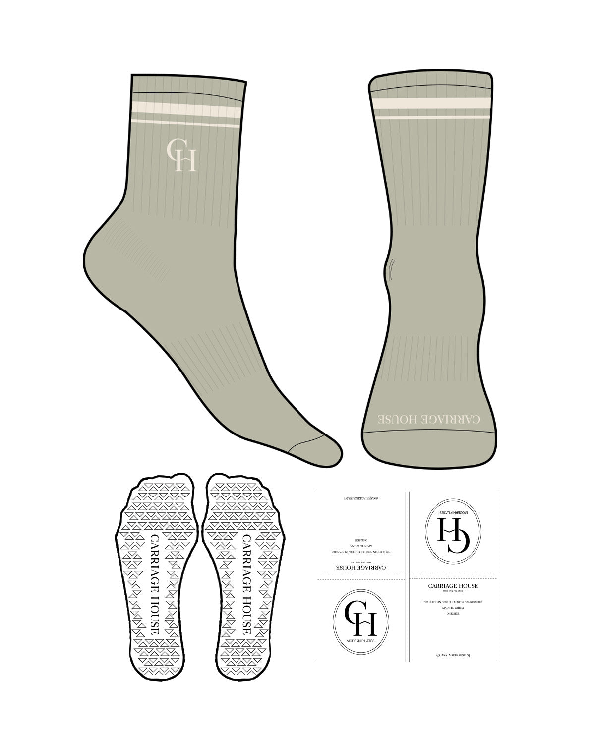The 3/4 Crew Sock - Eucalyptus - Carriage House - 2 Strips - Top & Front Logo - Off White - Triangle Shape Grip - Transparent