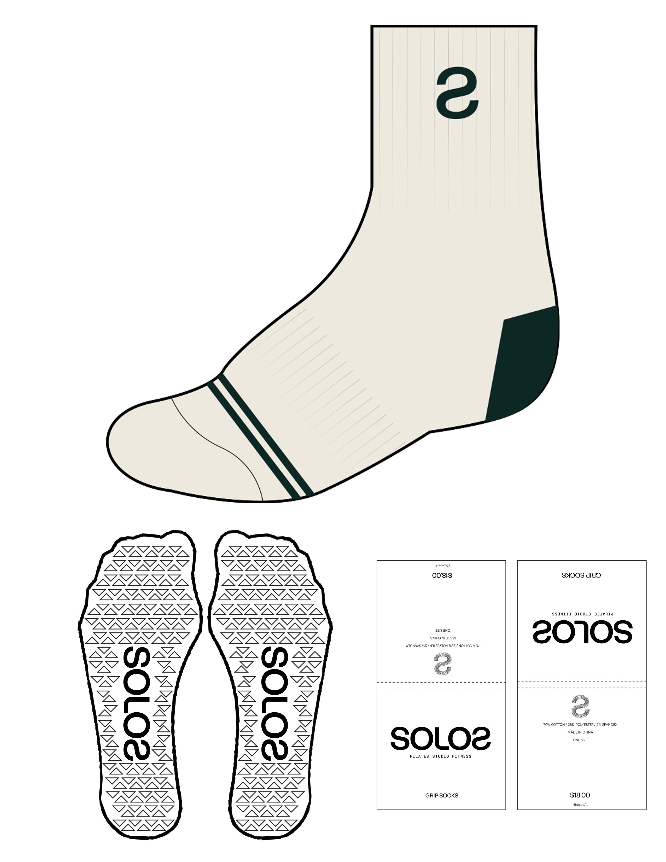 The 3/ 4 Crew Sock  - Off White - Solos Pilates - Top S - Bottom Border - Forest - Triangle Grip - Transparent