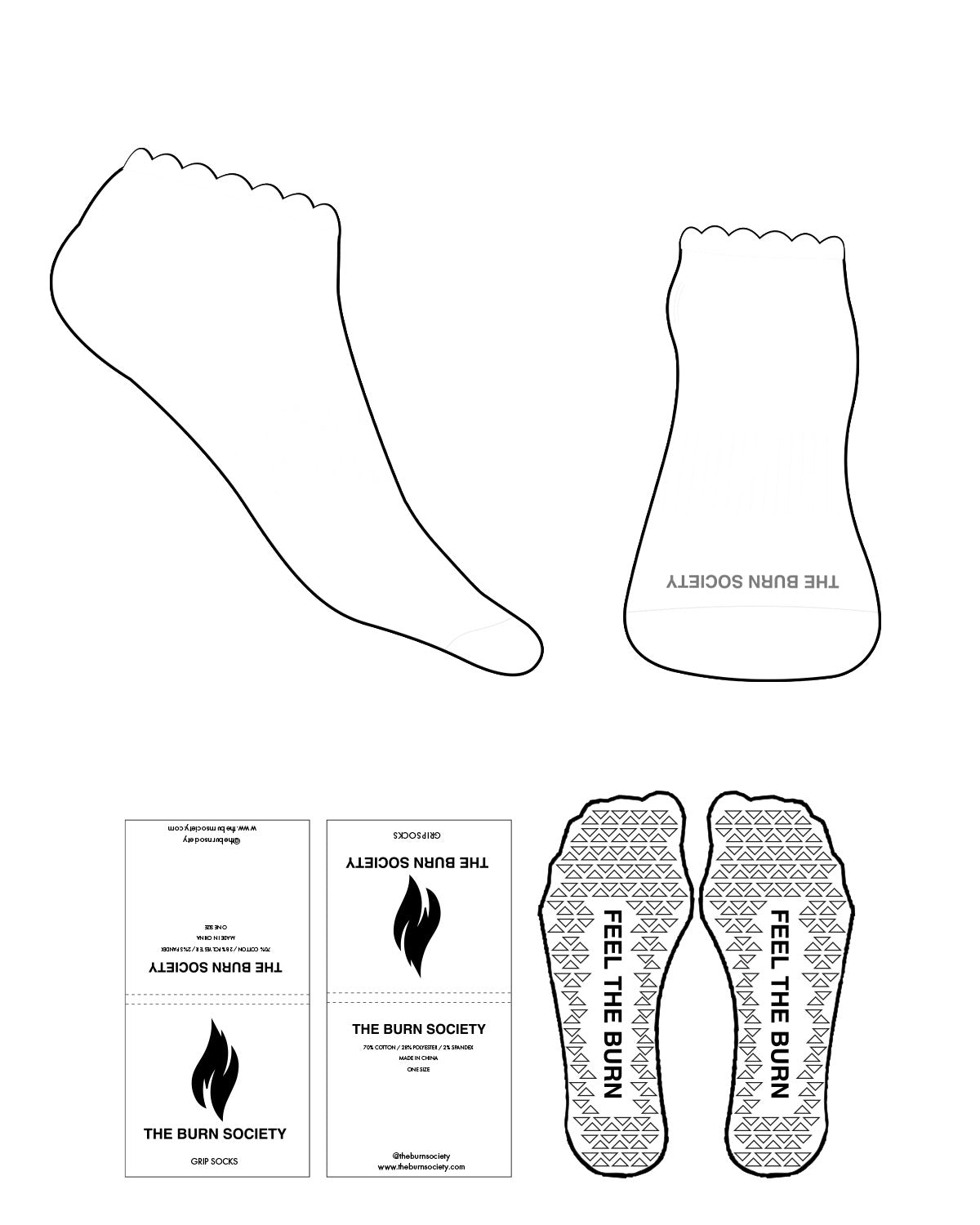 The Ankle Sock - White - The Burn Society - Bottom Toe Text - Light Gray L338 - Triangle Shape Grip - Light Gray L338