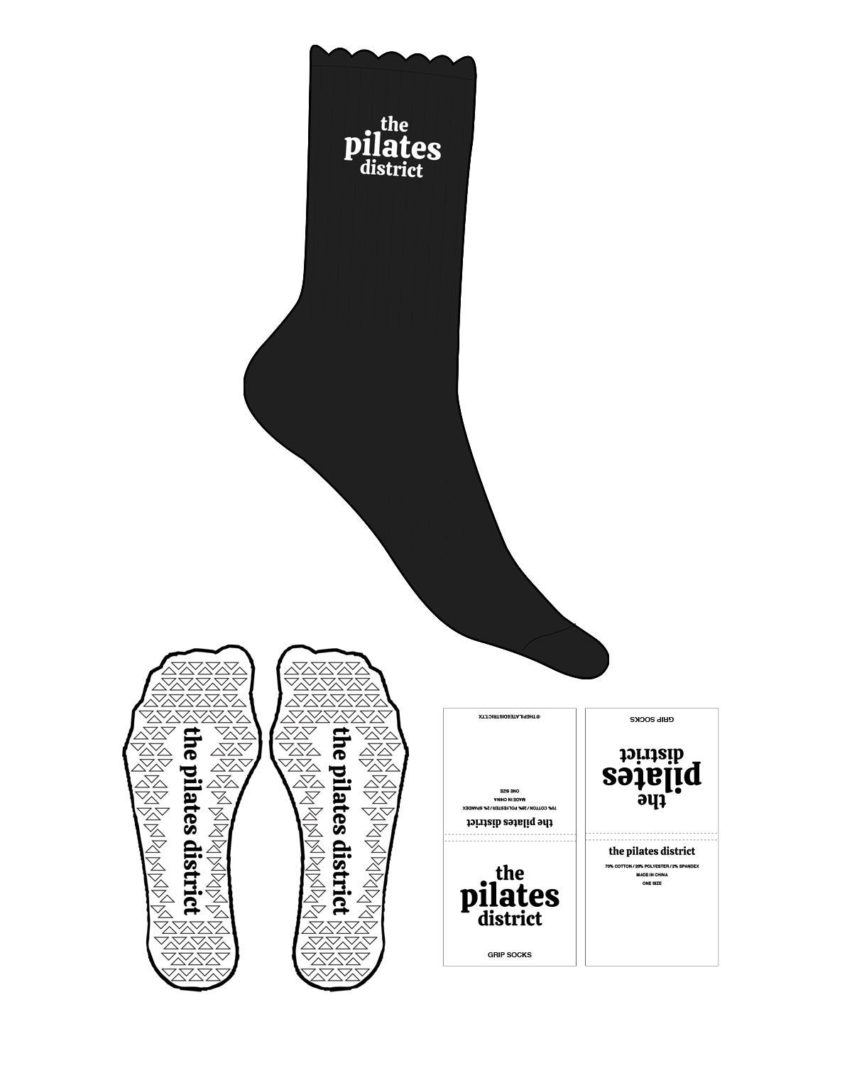 The Crew Sock - Black - THE PILATES DISTRICT - Top Logo Stacked - White - Triangle Shape Grip - White