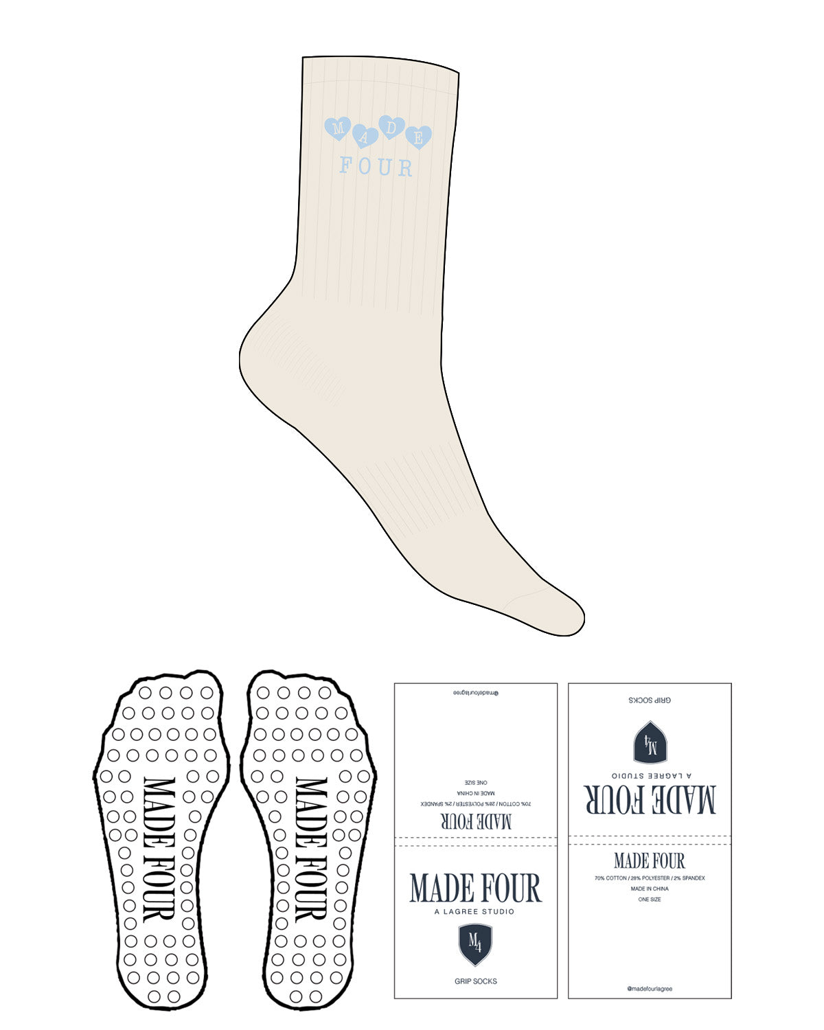 The Crew Sock - Off White - M4Lagree - Top Logo w/ Hearts - Embroidered - Blue - Circle Shape Grip - Blue