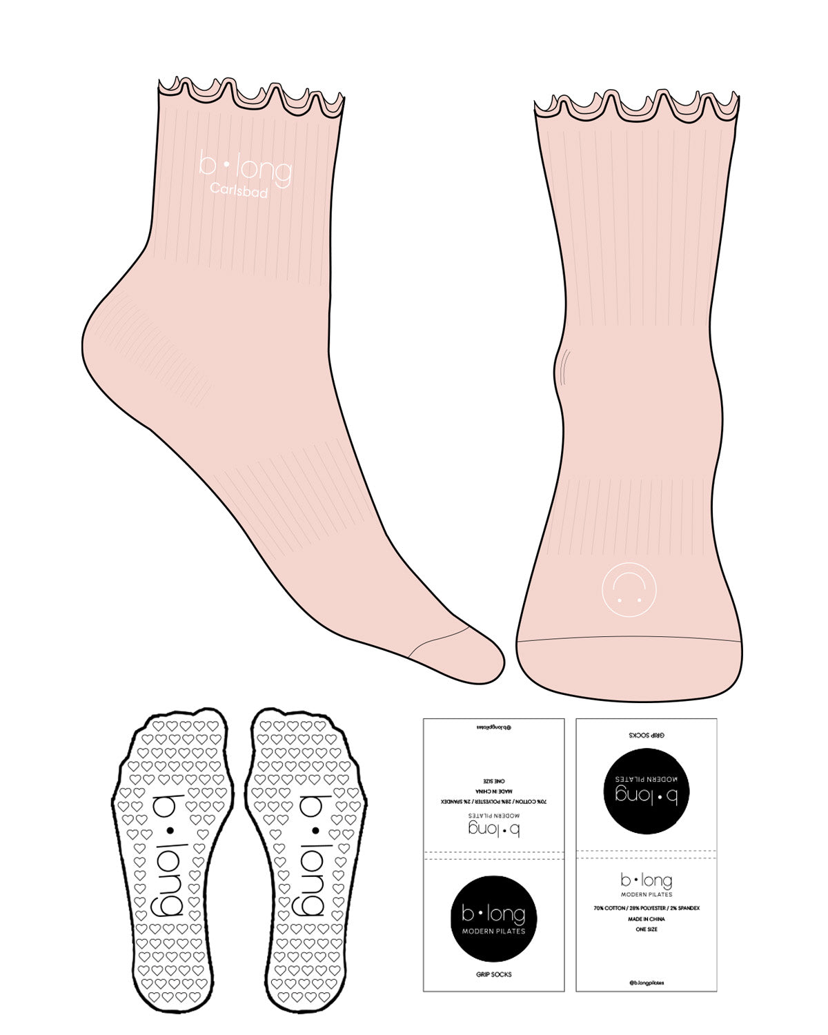 The 3/4 Crew Sock - Blush Pink L93 - B Long Pilates - Top "Carlsbad" & Front Logo - Embroidered & Printed - White - Heart Shape Grip - Transparent