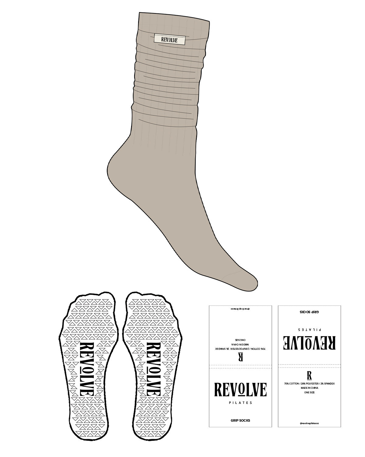 The Slouch Sock - Tan - Revolve Pilates - Top Center - Sew - Triangle Shape Grip - Transparent