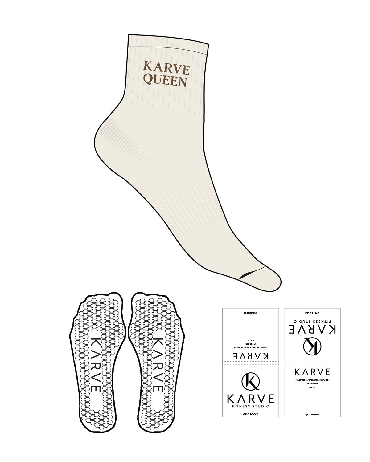 The 1/2 Crew Sock - Off White- Karve - Top Logo "KARVE QUEEN" - Printed - Brown - Hexagon Grip - Brown
