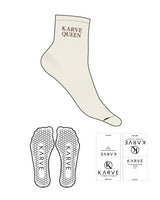 The 1/2 Crew Sock - Off White- Karve - Top Logo "KARVE QUEEN" - Printed - Brown - Hexagon Grip - Brown