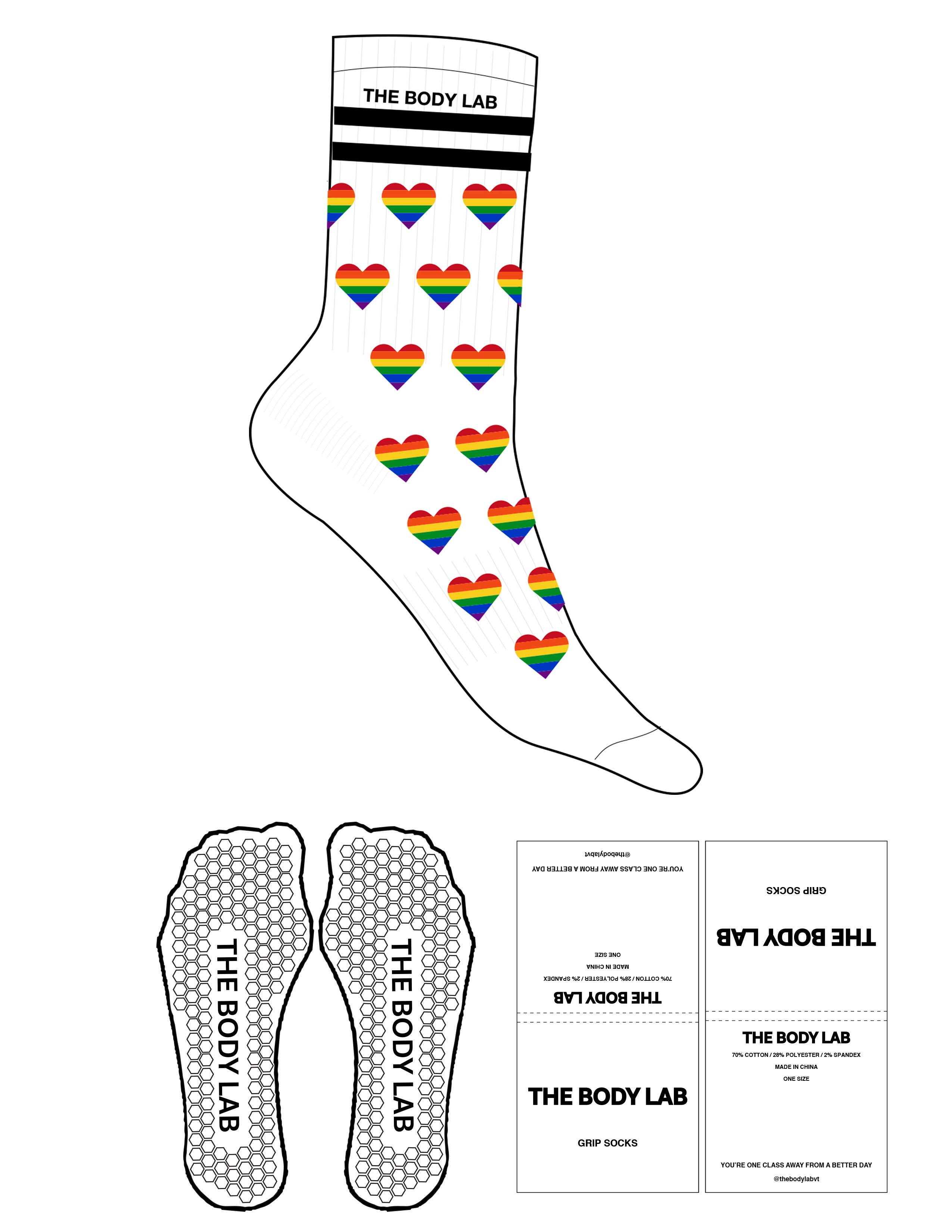 The Crew Sock - White - Body Lab - 2 Stripes - Logo Over Stripes - Printed - Black - Hearts Full Color Printed - Hexagon Grip - Black